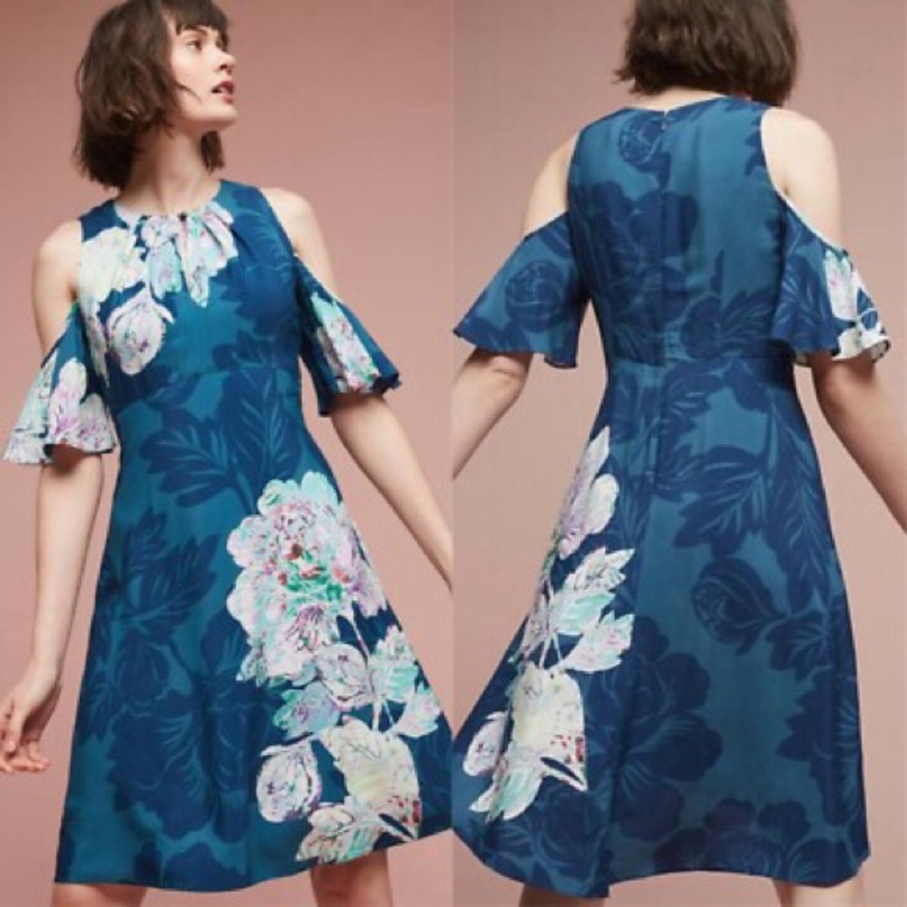 Maeve Anthropologie Elia Floral Open Cold Shoulder A-Line Turquoise Dress size 6
